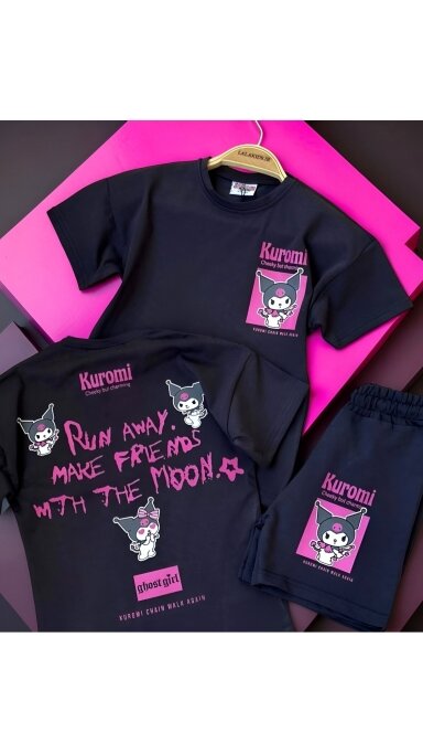 Oversize ,,Kuromi” tamsiai pilkas šortų komplektukas Oversize ,,Kuromi” tamsiai pilkas šortų komplektukas