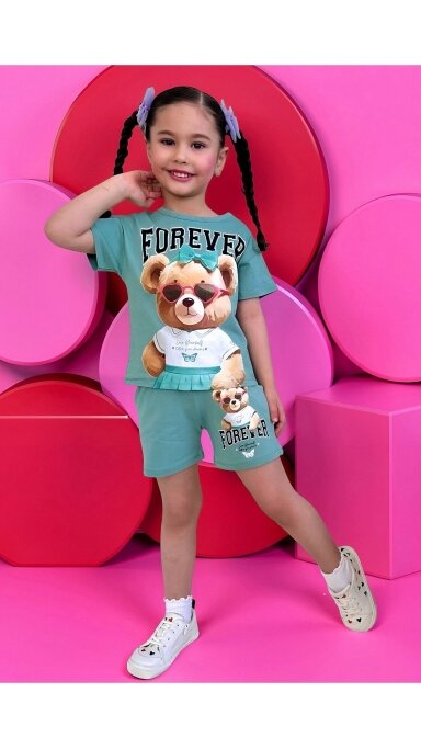 Žalsvas ,,Cute Meškutė” šortų komplektukas Žalsvas ,,Cute Meškutė” šortų komplektukas
